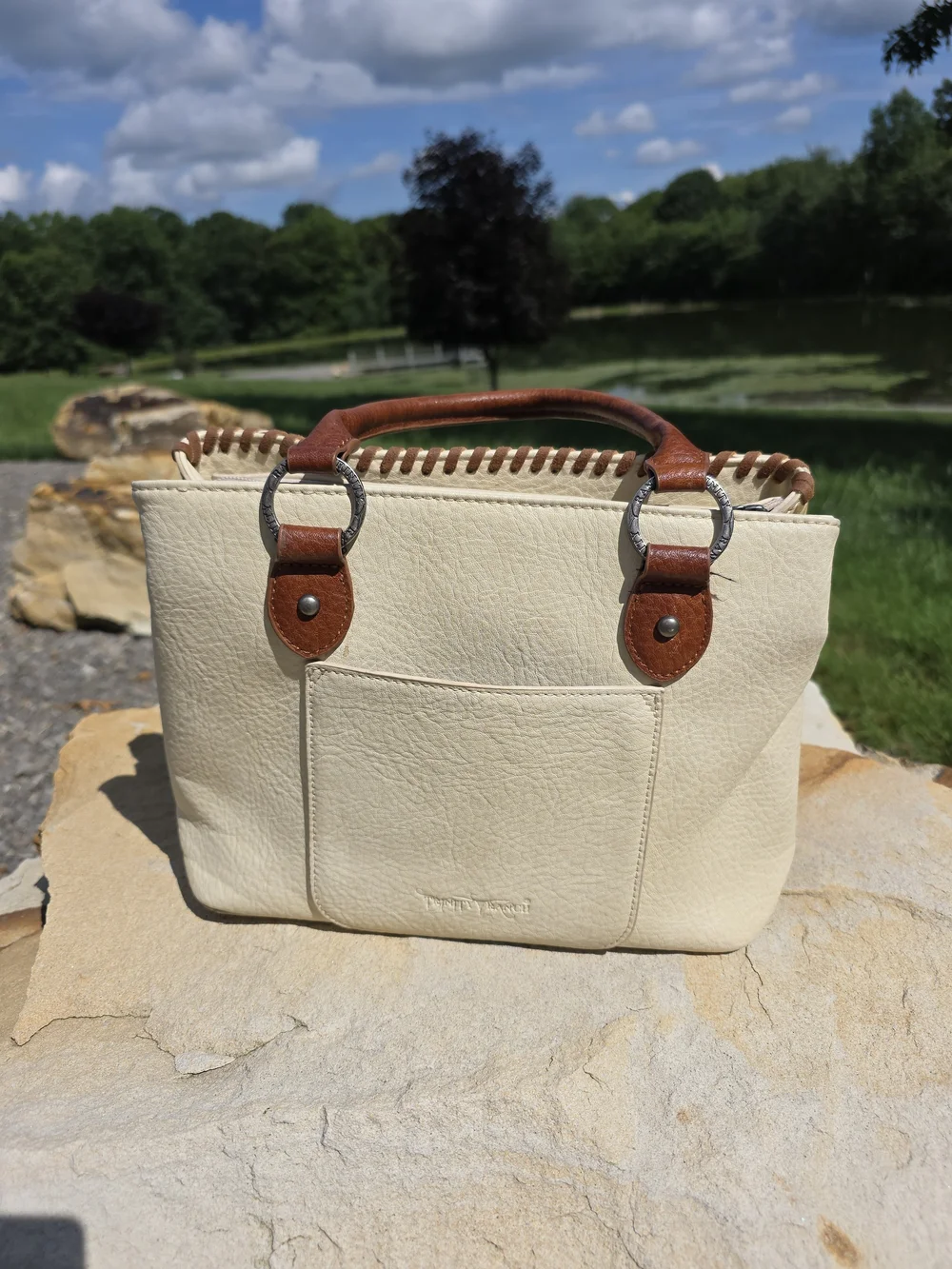 Western Tooled Leather Trinity Ranch Cream and Brown Women’s Satchel Handbag